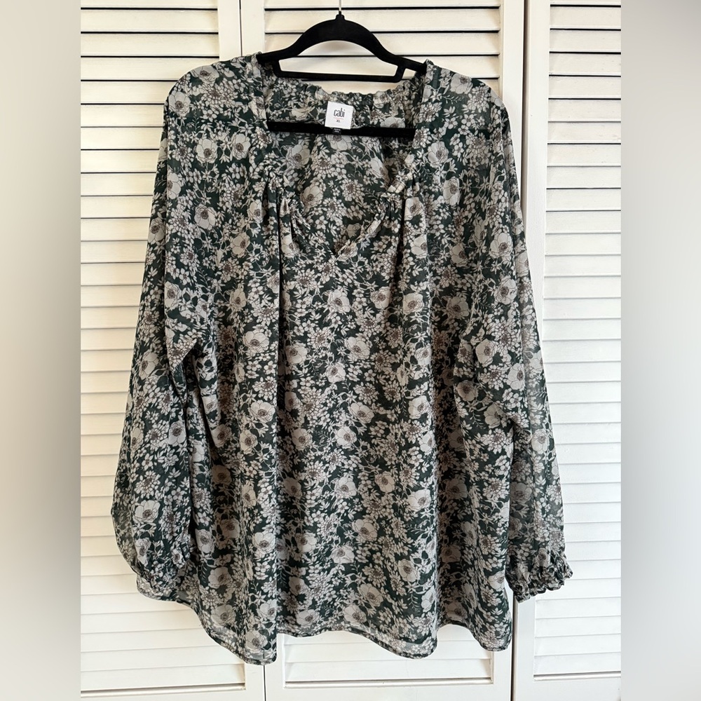 Cabi XL Peasant Blouse
Delicate balloon sleeve
Sheer, green floral